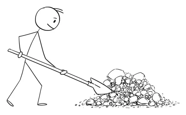 Karikatur zeigt Mann oder Bauarbeiter, die mit Schaufel auf Steinhaufen arbeiten — Stockvektor