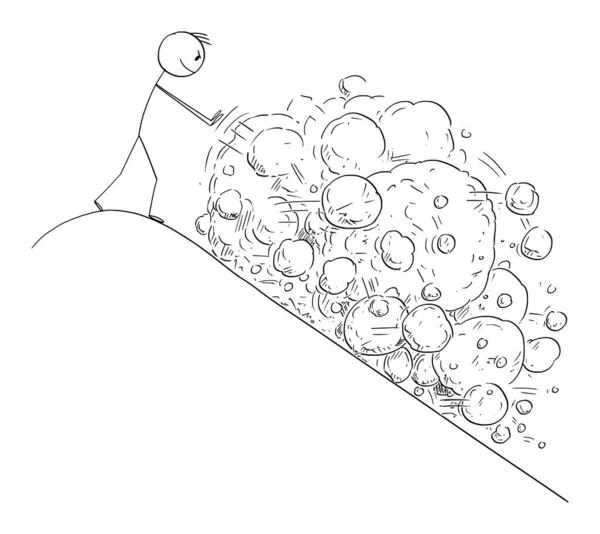 Ilustración de dibujos animados vectoriales del hombre en la cima de la montaña creando avalancha de rocas que caen por la colina — Archivo Imágenes Vectoriales