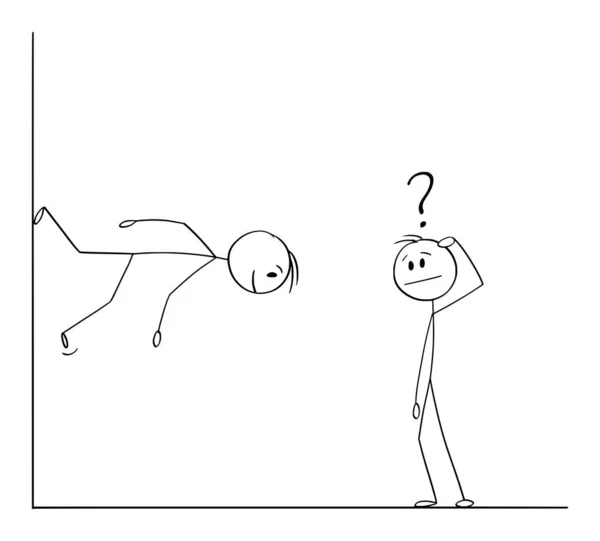 Vector Cartoon Illustration of Man or Businessman Walking Down on Vertical Wall (en inglés). Concepto de Individualidad y Creatividad. — Vector de stock