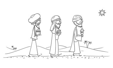 Vector Cartoon Illustration of Three Wise Men or Kings or Biblical Magi Bearing Gifts to Jesus in Bethlehem clipart