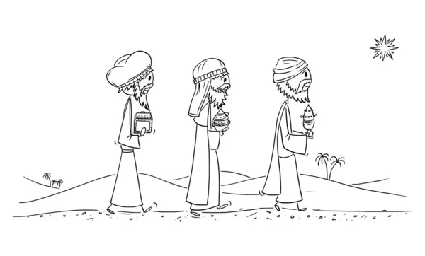 Vector Cartoon Illustration of Three wise men or Kings or Biblical Magi Bearing Gifts to Jesus in Bethlehem — 스톡 벡터