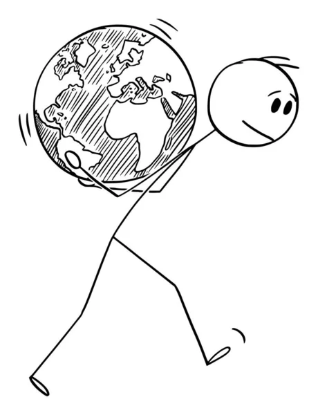 Vector Cartoon Illustration of Man Carrying Planet Earth Globe op zijn rug. Verantwoordelijkheid, milieubehoud en ecologie — Stockvector