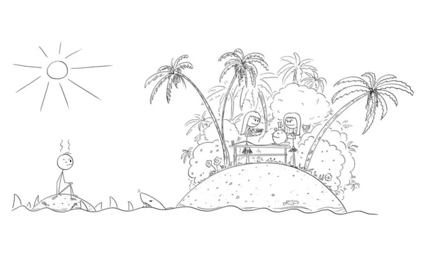 Ilustración de dibujos animados vectoriales del hombre frustrado sentado en una pequeña isla desierta vacía rodeada de tiburones que observan la isla soñada de la competencia — Vector de stock