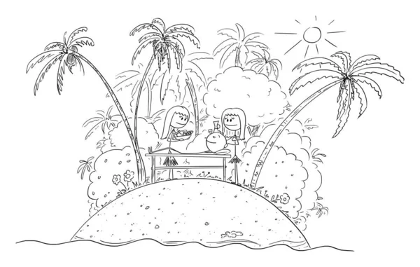 Векторный мультфильм о счастливом человеке или бизнесмене, живущем своей мечтой на острове, окруженном природой, океаном и релаксацией — стоковый вектор