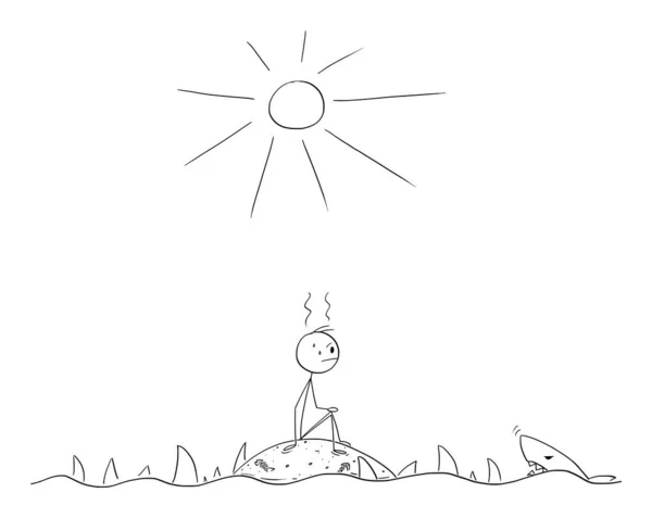 Vektorové kreslené ilustrace frustrovaného muže sedícího sám na malém opuštěném ostrově obklopeném žraloky — Stockový vektor