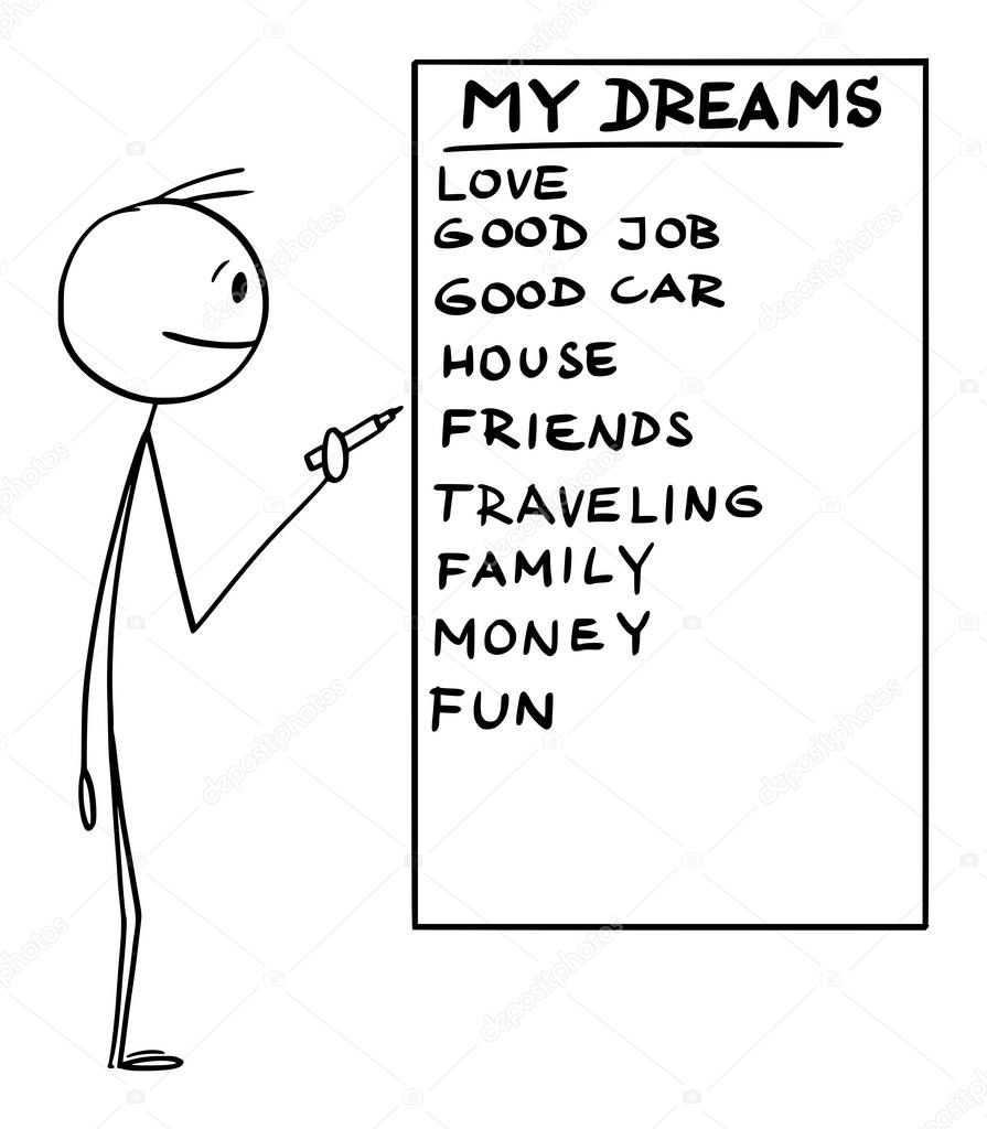 Vector Cartoon Illustration of Man Holding Marker or Pen and Writing List of His Dreams