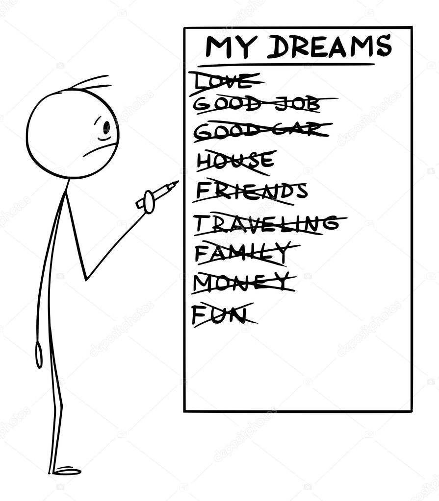 Vector Cartoon Illustration of Man Holding Marker or Pen and Writing List of His Unfulfilled Dreams