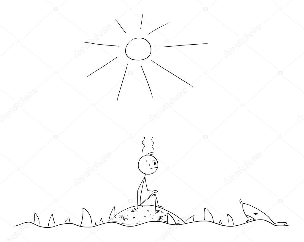 Vector Cartoon Illustration of Frustrated Man Sitting Alone on Small Empty Deserted Island Surrounded by Sharks