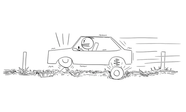 Vector Cartoon Illustration of Driver driving Car on Very Bad Road With Asphalt full of Potholes — 스톡 벡터