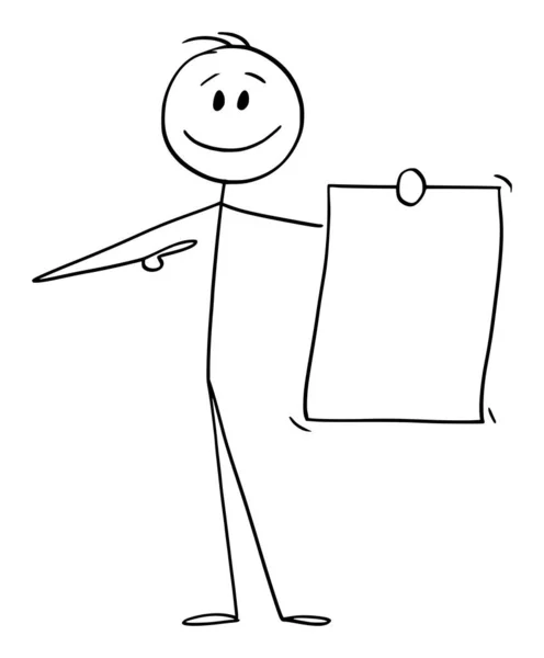 Illustrazione del fumetto vettoriale dell'uomo sorridente o dell'uomo d'affari che tiene e mostra carta, documento o segno vuoti. — Vettoriale Stock