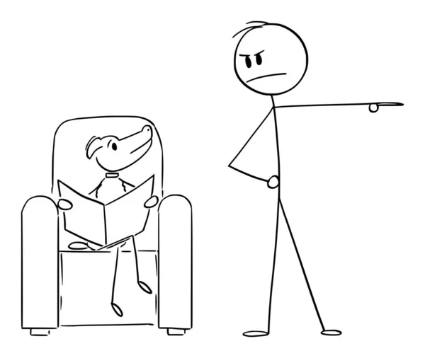 Illustration vectorielle de dessin animé d'un homme ou d'un maître chassant un chien de compagnie lisant des journaux dans un fauteuil — Image vectorielle
