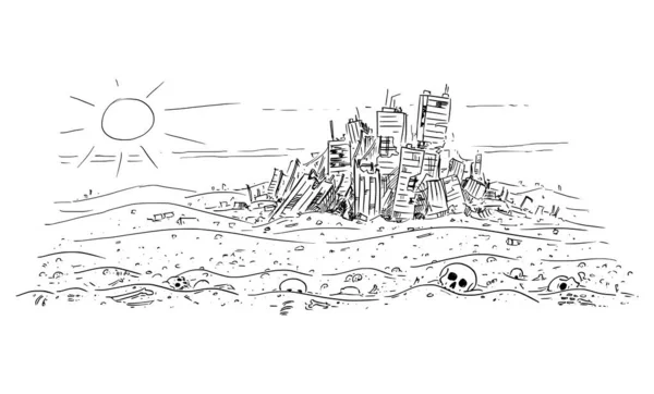 Vector Cartoon Illustration of Desert Landscape With Skulls and Bones and Abandoned Destroyed Modern City on Background. Epidemia, Fome, Extinção Humana, Fim da Civilização — Vetor de Stock