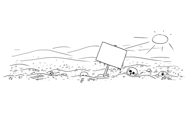 Dibujos animados vectoriales ilustración del paisaje del desierto con cráneos y huesos. Señal vacía para texto. Epidemia, Hambre, Extinción Humana, Fin de la Civilización — Vector de stock