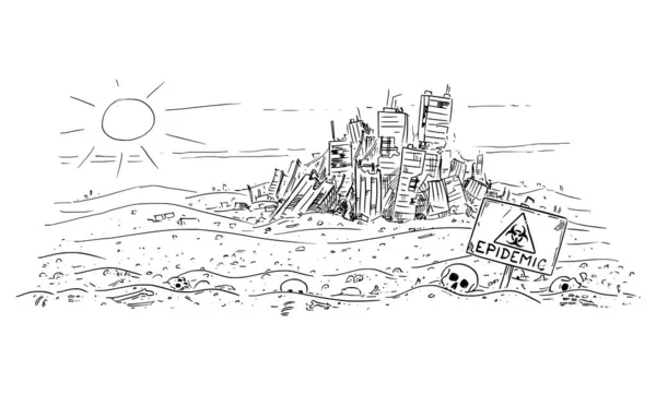 Vector Cartoon Illustration der Wüstenlandschaft mit Totenköpfen und Knochen und verlassenen zerstörten modernen Städten im Hintergrund. Konzept der Epidemie oder Pandemie — Stockvektor