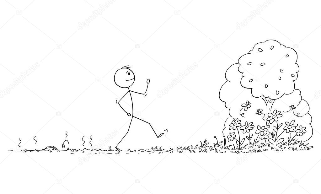 Vector Cartoon Illustration of Man Walking From Place With Dying Plants and Nature in Place With Blooming Flowers and Trees