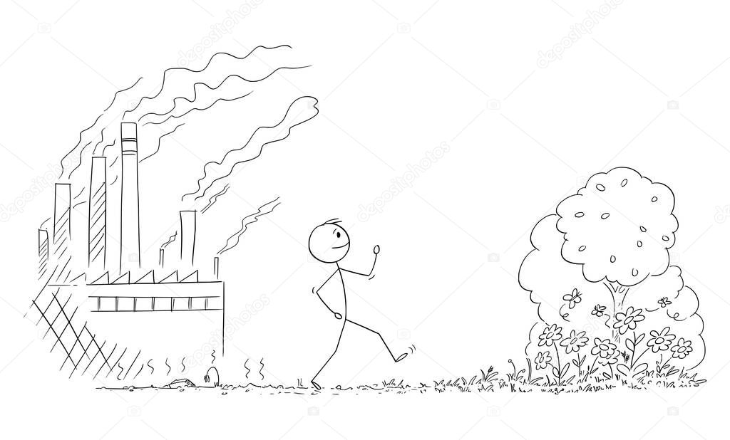 Vector Cartoon Illustration of Man Walking From Place With Nature Destroyed by Industry and Pollution to Forest With Flowers and Plants