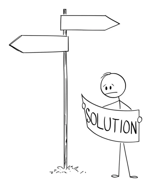Vektor-Karikatur zeigt frustrierten Mann oder Geschäftsmann am Scheideweg auf der Suche nach Problemlösung in der Karte — Stockvektor