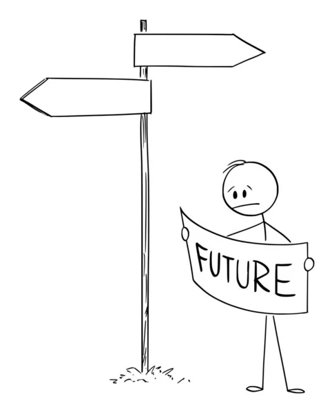 Wektor Cartoon Ilustracja sfrustrowany człowiek lub biznesmen na skrzyżowaniu Szukając drogi do przyszłości w mapie — Wektor stockowy