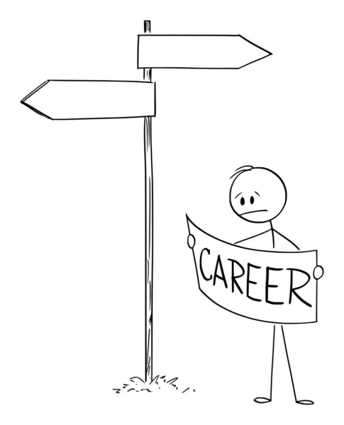 Dibujos animados vectoriales ilustración de hombre frustrado o hombre de negocios en la encrucijada en busca de la mejor manera de trabajo, carrera o empleo — Vector de stock