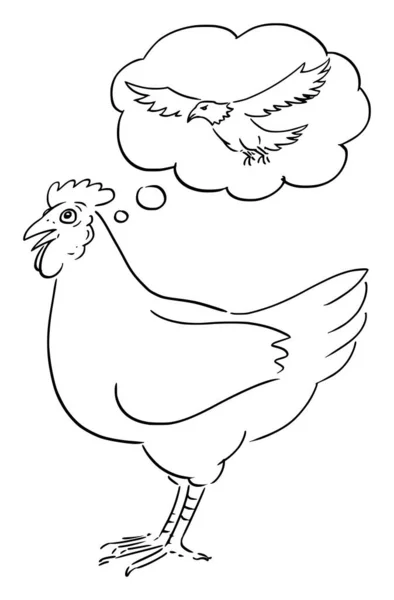 Ilustración de dibujos animados vectoriales de gallina o pollo pensando o soñando con volar como águila — Archivo Imágenes Vectoriales