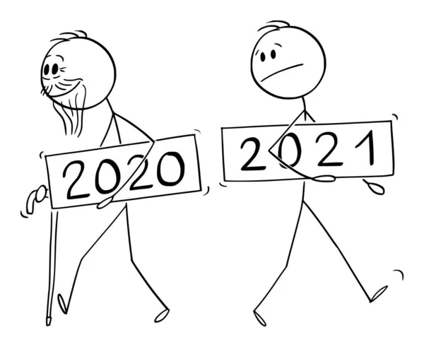 Illustrazione del fumetto vettoriale dell'anno 2020 mentre il vecchio se ne va, il nuovo anno 2021 sta arrivando — Vettoriale Stock