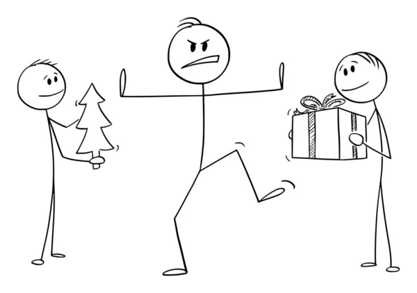 Illustration vectorielle d'un homme rejetant un arbre et un cadeau de Noël — Image vectorielle