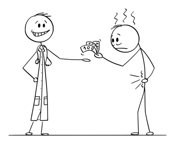 Ilustração dos desenhos animados do vetor do paciente ou do homem doente que paga a grande quantidade de dinheiro ao doutor para o tratamento médico ou a terapia — Vetor de Stock