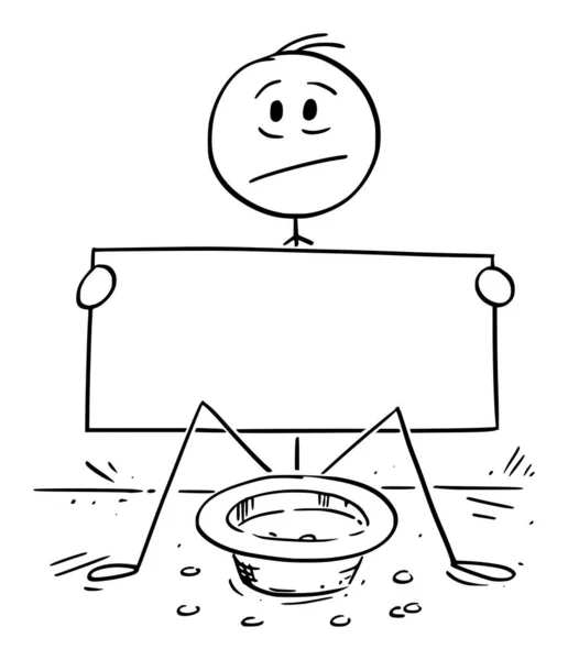 Vektor-Cartoon-Illustration des Bettlers, der um Geld bettelt und ein großes leeres Schild hält — Stockvektor