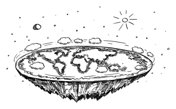 Ilustración Vectorial de Dibujos Animados de Tierra Plana en el Espacio, Concepto o Conspiración o Teoría de Tierra Plana — Vector de stock