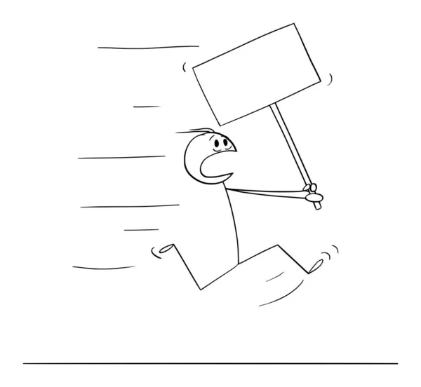 Vector Cartoon Illustration of Man Running in Panic or Fear and holding Empty Sign for Text — стоковый вектор