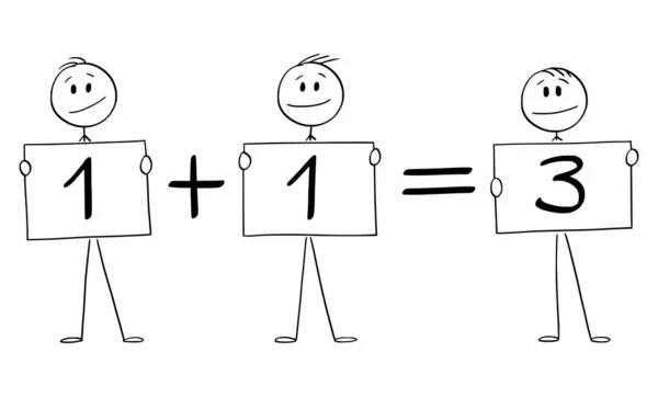 Ilustração dos desenhos animados vetoriais de três homens ou empresários segurando um mais um é igual a três sinais. Conceito de Trabalho em Equipe e Finanças — Vetor de Stock