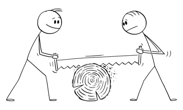Ilustração dos desenhos animados do vetor de dois homens que cortam madeira com serra grande da mão. Conceito de Carpintaria, Trabalho em Equipe ou Cooperação —  Vetores de Stock