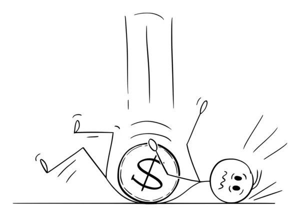 Vector Cartoon Illustration of Dollar Coin Falling Down on Man or Businessman — Stock Vector