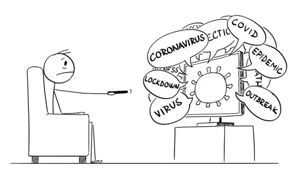 Vector Cartoon Illustration eines frustrierten oder gestressten Mannes, der fernsieht oder fernsieht und die neuesten Nachrichten über Coronavirus Covid-19 zeigt. — Stockvektor
