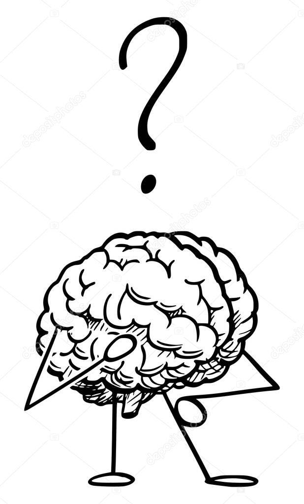 Vector Cartoon Illustration of Human Brain Character Thinking With Question Mark Above