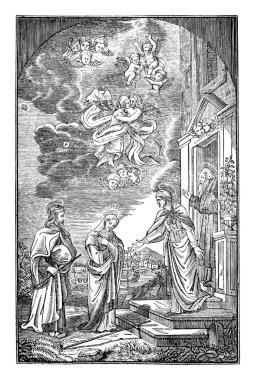 Tanrı 'nın Evi' nde Sevgiyle Karşılanan Hristiyan Gezginlerin Klasik Antik Çizimi veya İşlemesi.