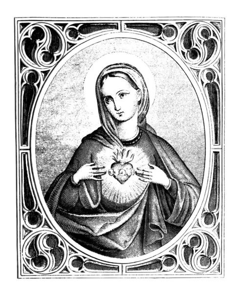 Vintage antica linea di disegno o incisione del cuore della Vergine Maria. Immagine cristiana — Vettoriale Stock