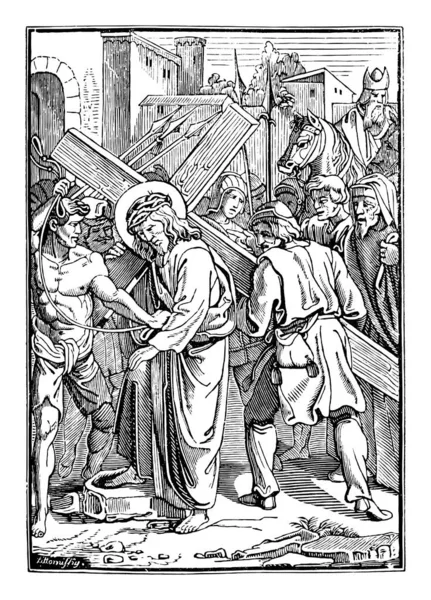 Vintage Antiguo Dibujo Bíblico Religioso o Grabado de Jesús y 5ª o 5ª Estación de la Cruz o Vía Crucis. Biblia, Nuevo Testamento — Vector de stock