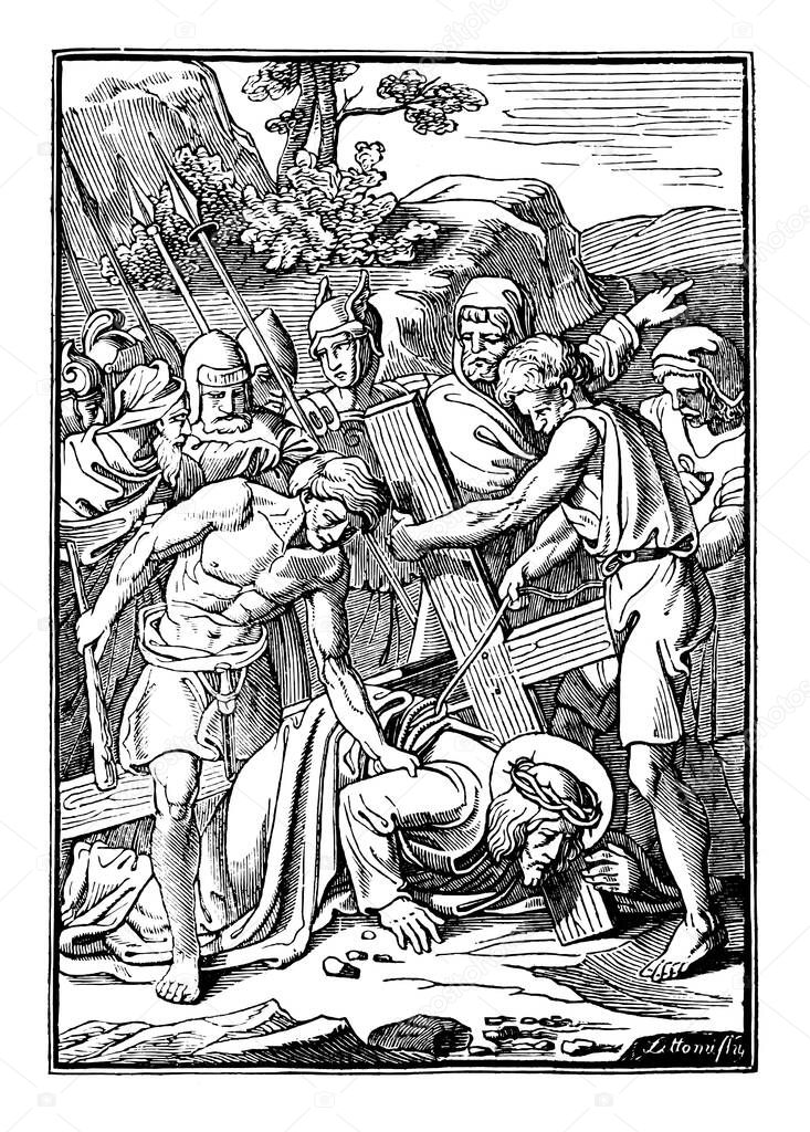 Vintage Antique Religious Biblical Drawing or Engraving of Jesus and 3th or Third Station of the Cross or Way of the Cross or Via Crucis. Bible,New Testament