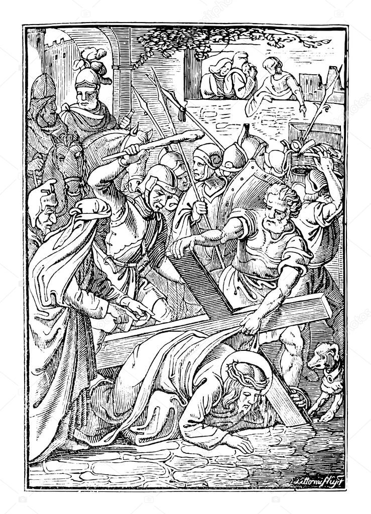Vintage Antique Religious Biblical Drawing or Engraving of Jesus and 7th or Seventh Station of the Cross or Way of the Cross or Via Crucis. Bible,New Testament