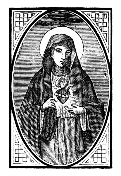 Vintage antica linea di disegno o incisione del cuore della Vergine Maria. Immagine cristiana — Vettoriale Stock