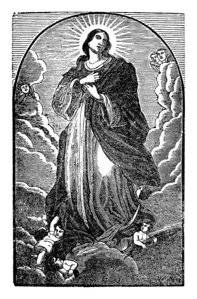 Vintage antique religieux dessin biblique ou gravure de sainte femme ou Vierge Marie debout dans le ciel avec les mains sur le cœur — Image vectorielle