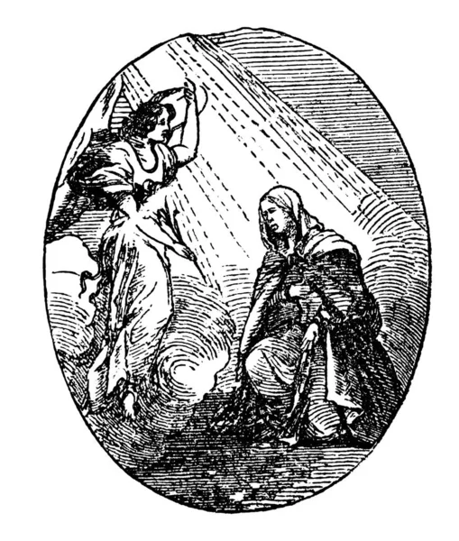 Dibujo antiguo vintage o grabado de una mujer hablando con un hada o un ángel — Vector de stock