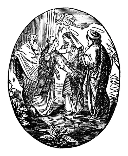 Alte religiöse biblische Zeichnung oder Kupferstich von Elisabeth, die von der Jungfrau Maria besucht wurde. Bibel, Neues Testament — Stockvektor