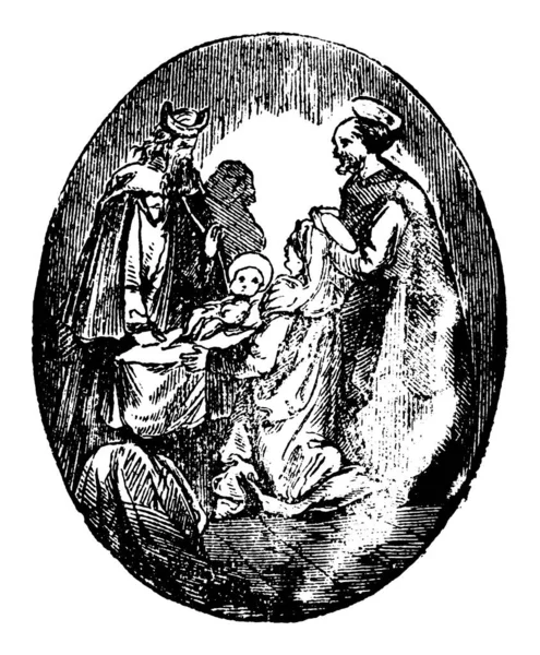 Vintage antieke religieuze bijbelse tekening of gravure van Maria en Jozef brengt baby Jezus Christus naar de tempel in Jeruzalem en ontmoet Simeon — Stockvector