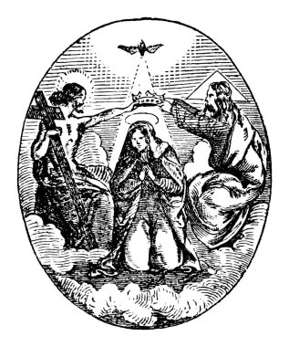 Tanrı 'nın, İsa' nın ve Kutsal Ruh 'un Eski Antik Dini Çizimleri veya İşlemeleri Cennetin Kraliçesi Meryem Ana' nın tacını takıyor.