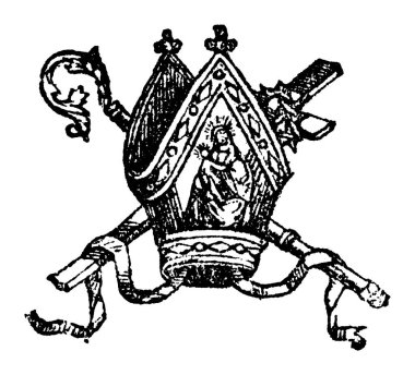Vintage Antique Line Drawing or Engraving Illustration of Bishop Mitre or Miter, Pastoral Staff Crosier and Cross clipart
