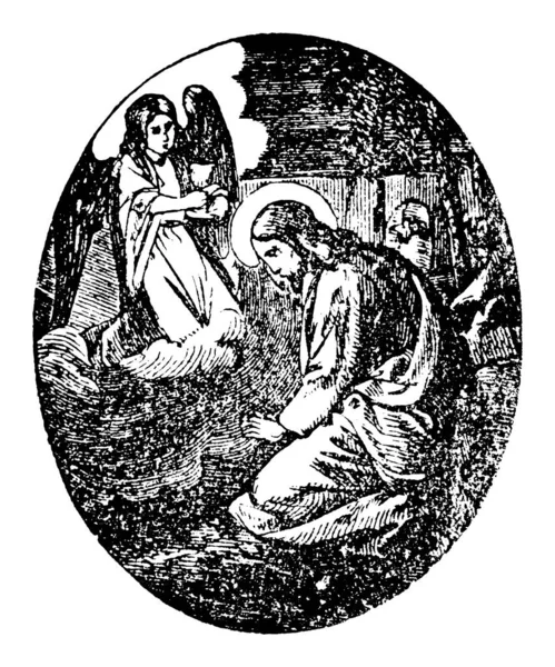 Vintage antieke religieuze bijbelse tekening of gravure van Jezus Christus pratend met engel of cherub — Stockvector