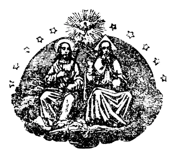 Vintage antique religieux dessin biblique ou gravure de Dieu, Jésus-Christ et le Saint-Esprit dans le ciel — Image vectorielle