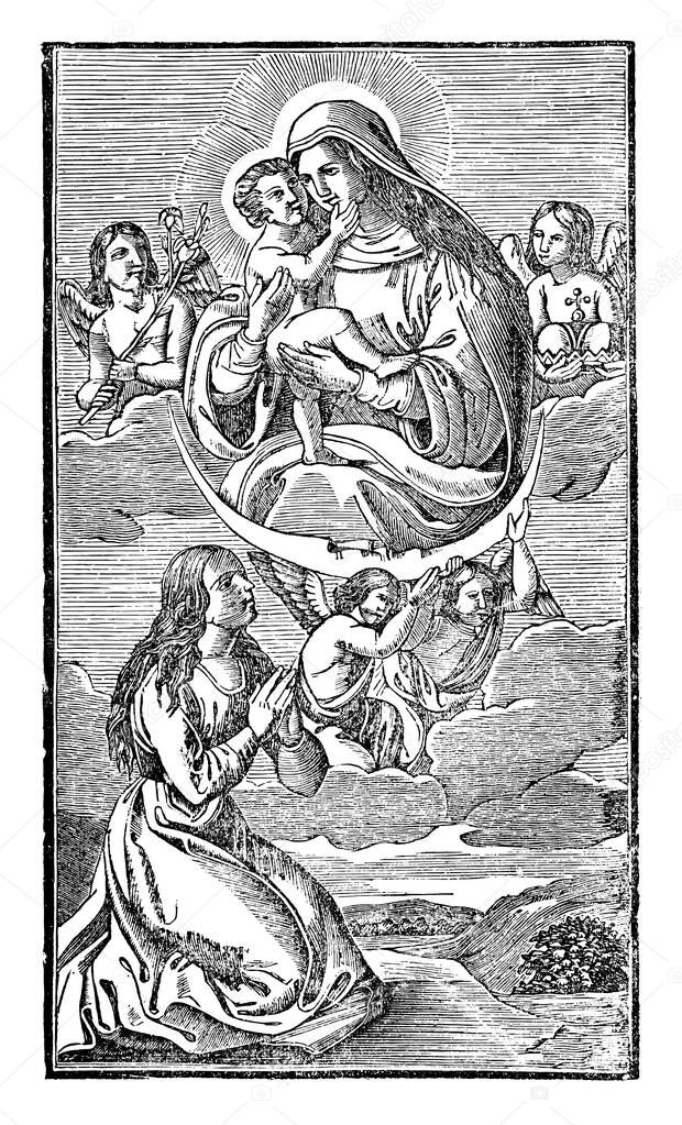 Vintage Antique Religious Biblical Drawing or Engraving of Virgin Mary and Baby Jesus Christ Floating on the Moon Carried by Angels.